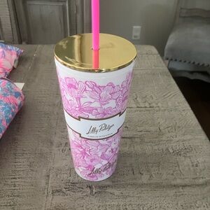 Lilly Pulitzer Pink and Gold Floral Tumbler with straw
